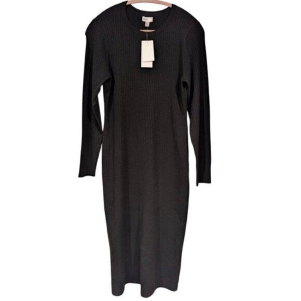Black Ribbed Long-Sleeve Midi Dress - Unbranded